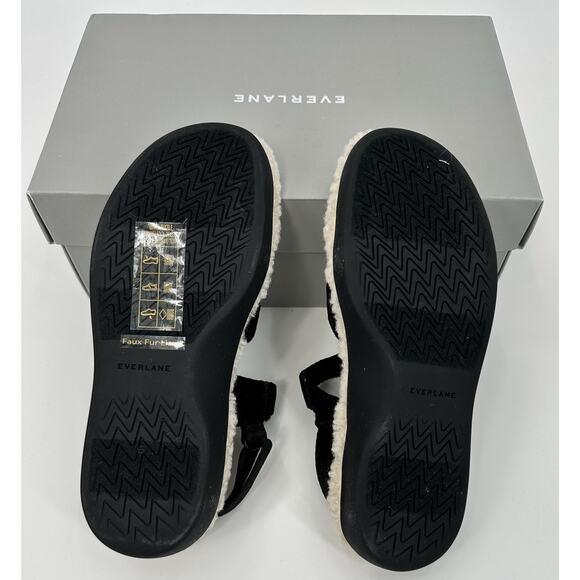Everlane Sherpa Sandals Size 6 Black Faux Fur Strappy Comfort Slides w/ Box - Picture 7 of 7